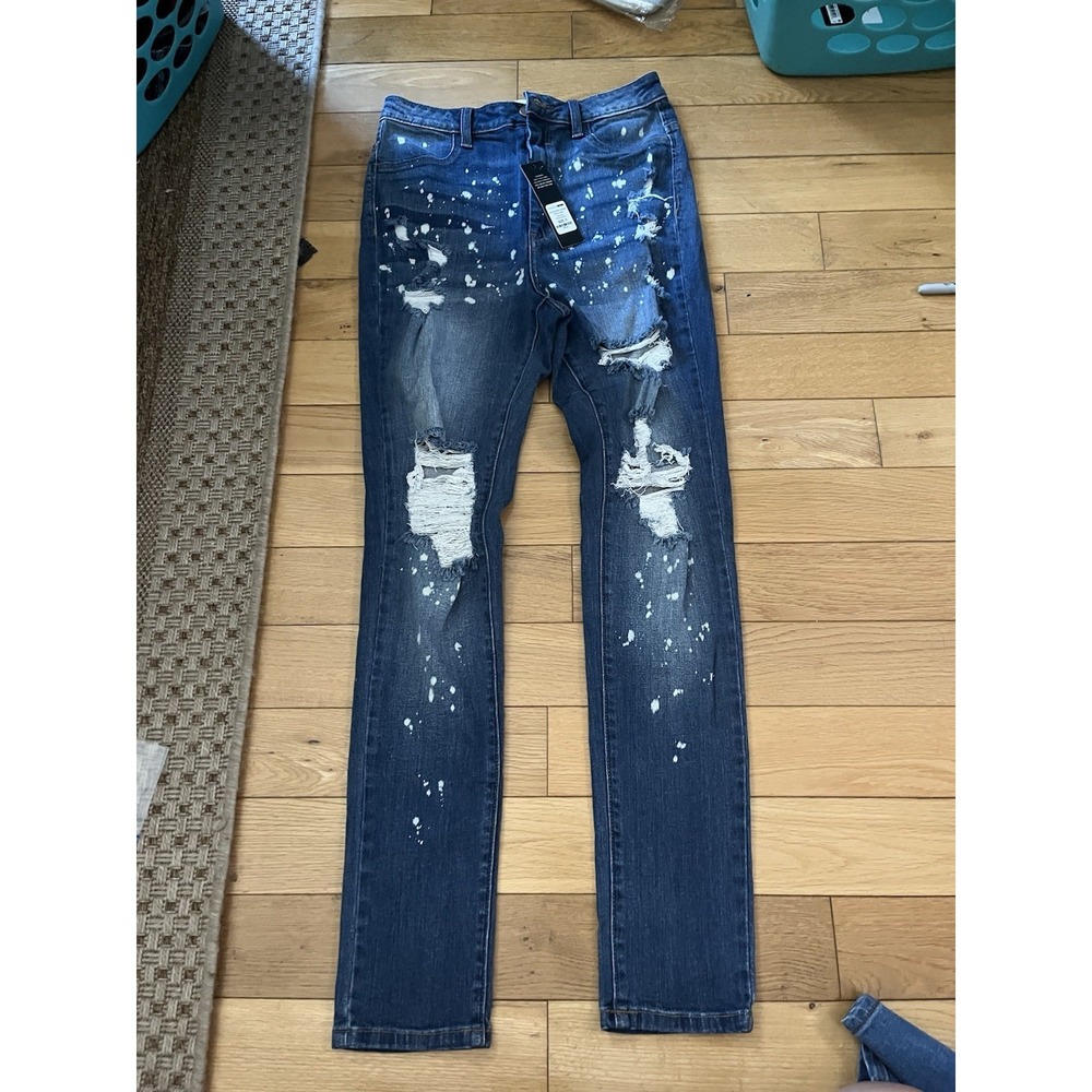 NWT Fashion Nova Distressed Blue‎ Denim Jeans with Paint Splatter Size 11